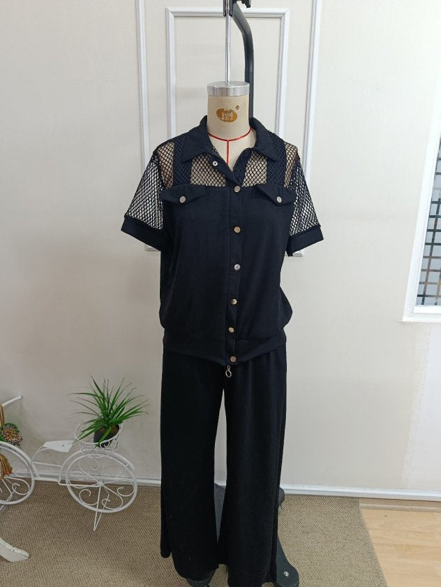 Ansamblu Dual Jachetă și Pantaloni Modal pentru Femei cu Mâneci Scurte, Guler și Nasturi Frontali cu Detalii File, 37680