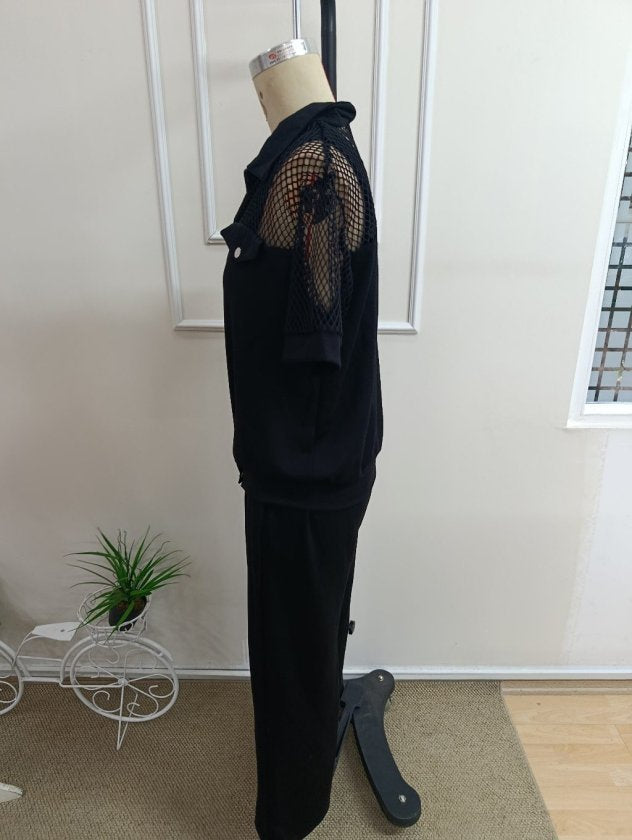 Ansamblu Dual Jachetă și Pantaloni Modal pentru Femei cu Mâneci Scurte, Guler și Nasturi Frontali cu Detalii File, 37680