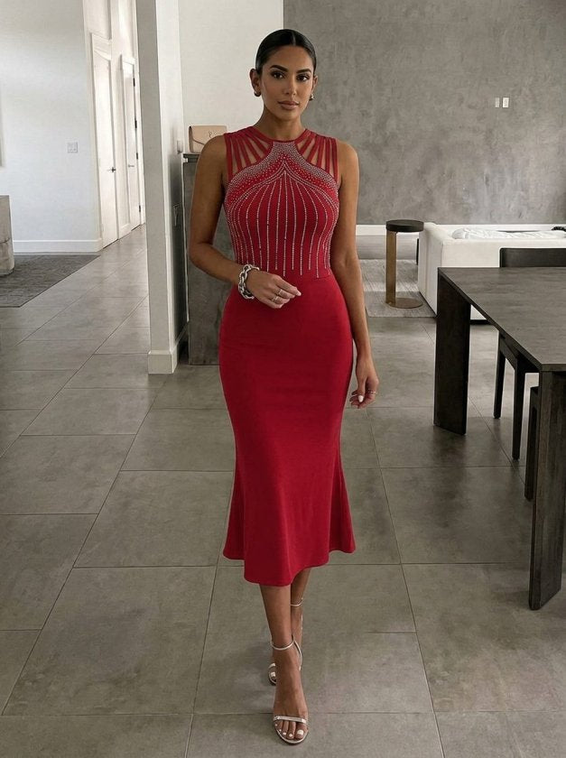 Rochie midi din stofă crepon fără mâneci cu detalii pene pe umeri, 37355