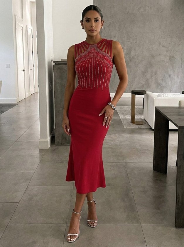 Rochie midi din stofă crepon fără mâneci cu detalii pene pe umeri, 37355
