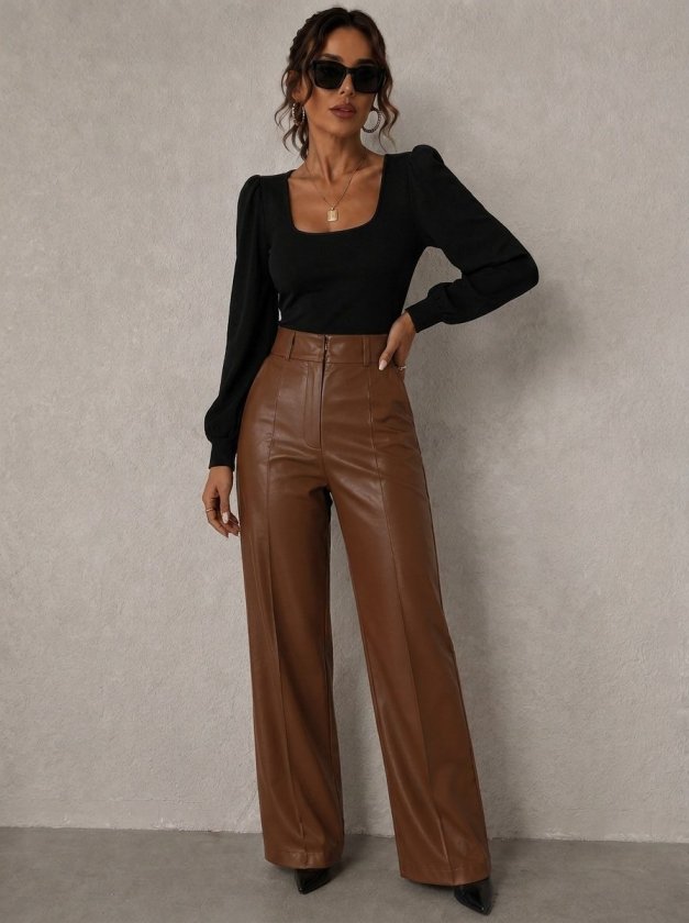 Pantalon din piele talie înaltă buzunare conic ușor evazat spre jos, 37372