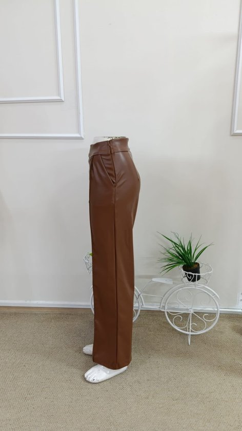 Pantalon din piele talie înaltă buzunare conic ușor evazat spre jos, 37372