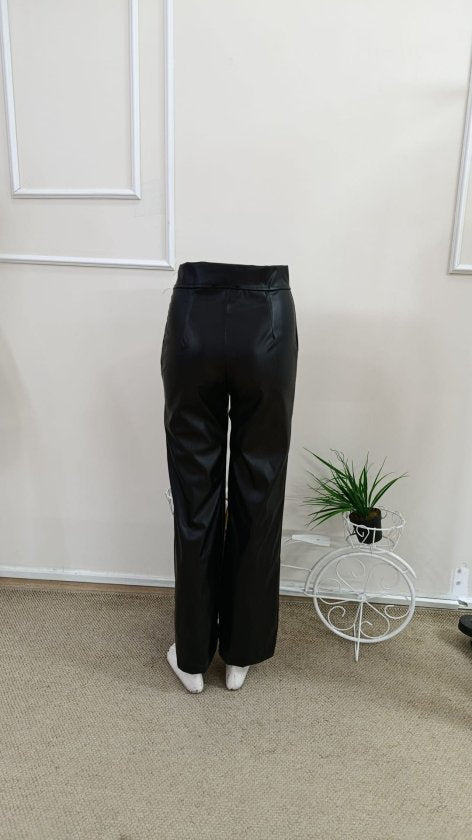 Pantalon din piele talie înaltă buzunare conic ușor evazat spre jos, 37373
