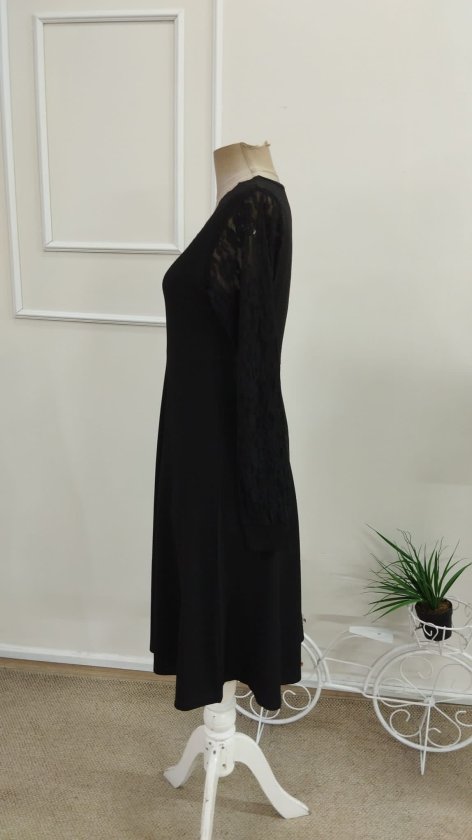 Rochie scurtă din stofă crepon guler V cu dantelă, 37397