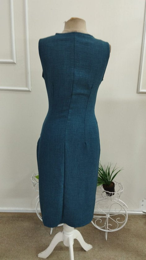 Rochie midi din in fără mâneci, guler wrap, cu nasturi, 37420