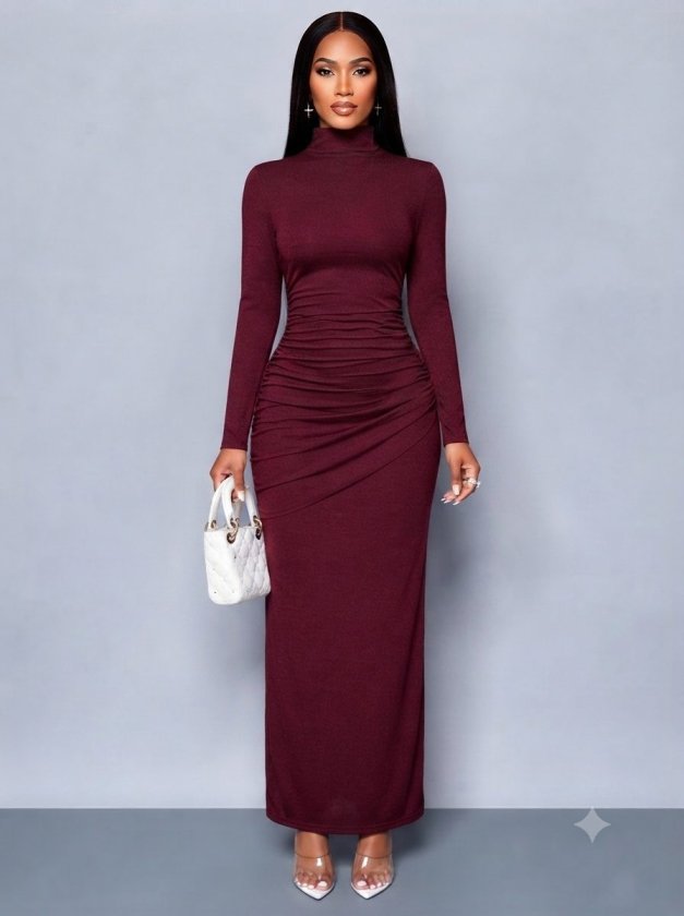 Rochie lungă din material ușor cu mâneci lungi, guler barcă, 37442
