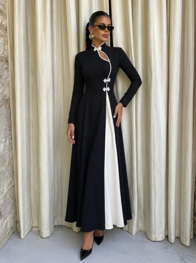 Rochie lungă crepon cu mâneci lungi, guler asimetric cu detaliu picătură, bicolor, 37443