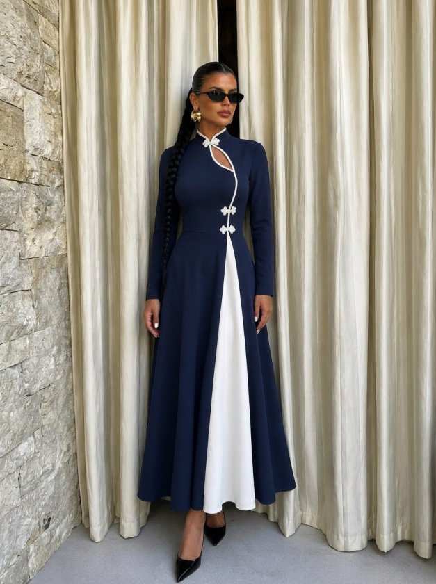 Rochie lungă crepon cu mâneci lungi, guler asimetric cu detaliu picătură, bicolor, 37444