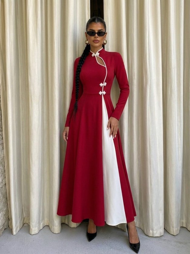 Rochie lungă crepon cu mâneci lungi, guler asimetric cu detaliu picătură, bicolor, 37445