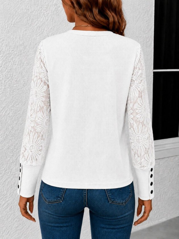 Bluza din waffle pentru femei cu mâneci lungi, gât rotund, model floral pe mâneci, 37587