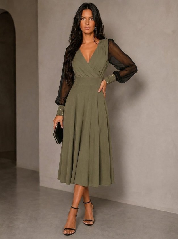 Rochie midi din viscoză cu mâneci lungi, guler wrap, cu tull și perle, 37459