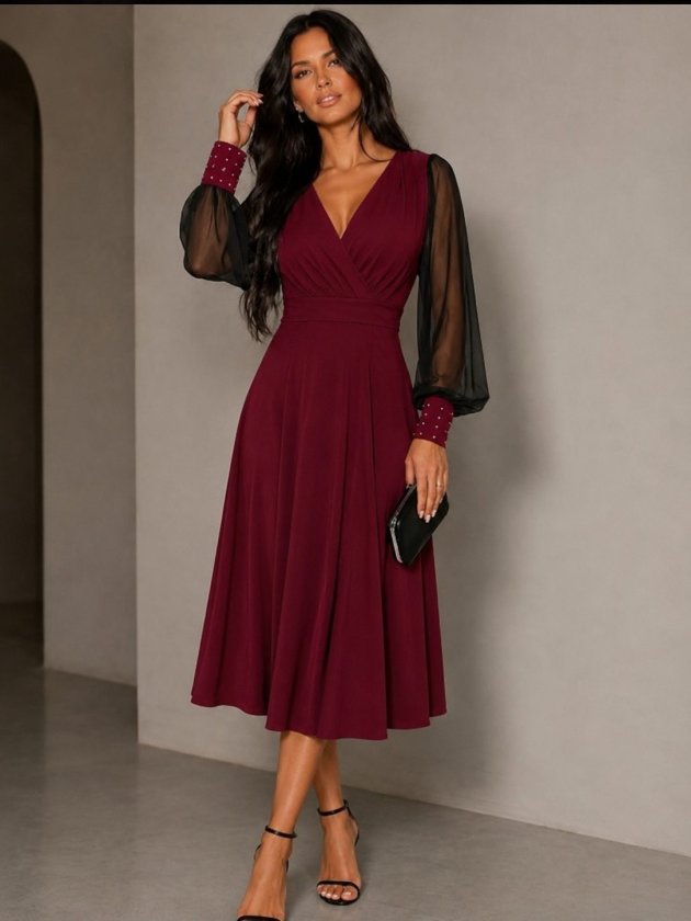 Rochie midi din viscoză cu mâneci lungi, guler wrap, cu tull și perle, 37460