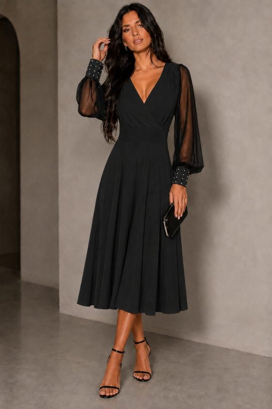 Rochie midi din viscoză cu mâneci lungi, guler wrap, cu tull și perle, 37461