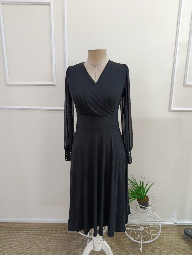 Rochie midi din viscoză cu mâneci lungi, guler wrap, cu tull și perle, 37461