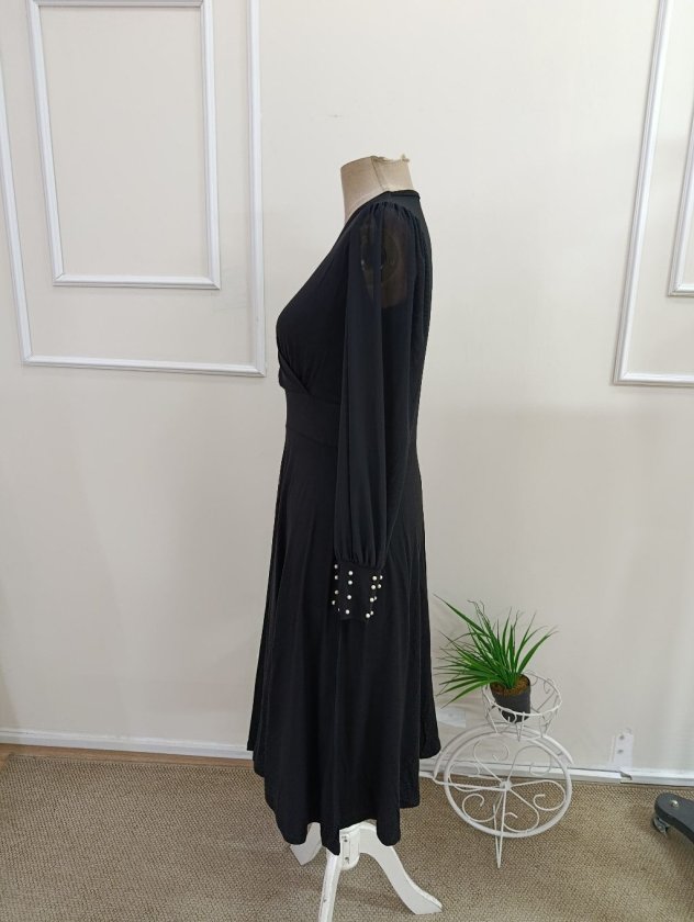 Rochie midi din viscoză cu mâneci lungi, guler wrap, cu tull și perle, 37461
