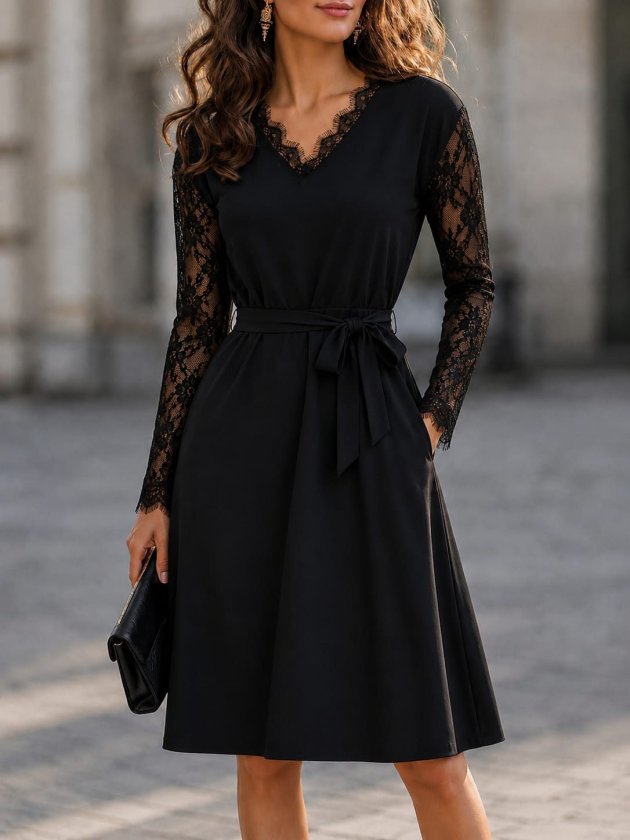 Rochie crepon scurtă din import cu mâneci lungi, guler V din dantelă, cu curea și buzunare, 37475