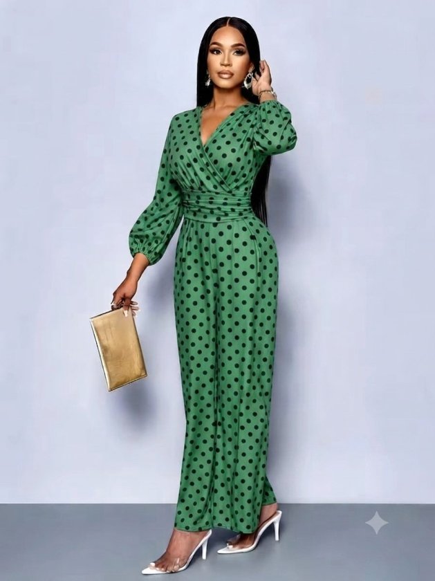 Salopetă din jersey cu model, cu mâneci lungi, guler wrap, cu froncuri la talie, lungă, 37477