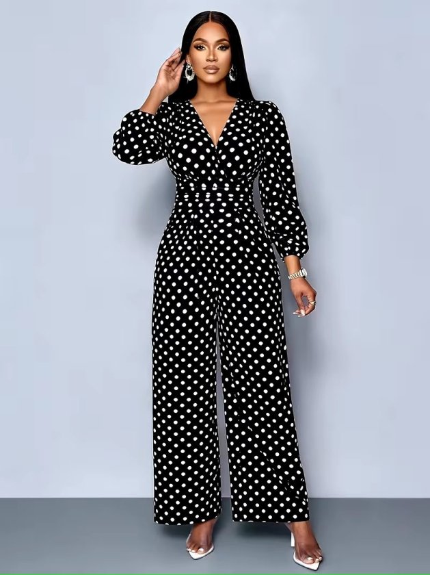 Salopetă din jersey cu model, cu mâneci lungi, guler wrap, cu froncuri la talie, lungă, 37478