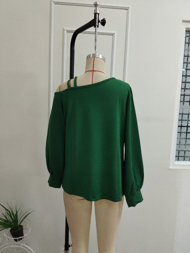 Bluză cu mâneci lungi din viscoză dublă, o umăr, cu detaliu șnur diagonal, 37483