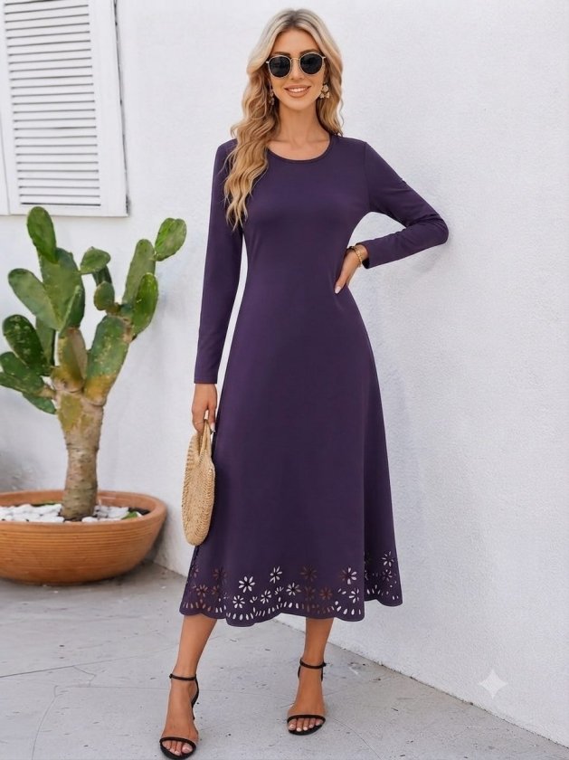 Rochie midi crepon din import, cu mâneci lungi, guler rotund, cu detaliu flori tăiat cu laser, 37487