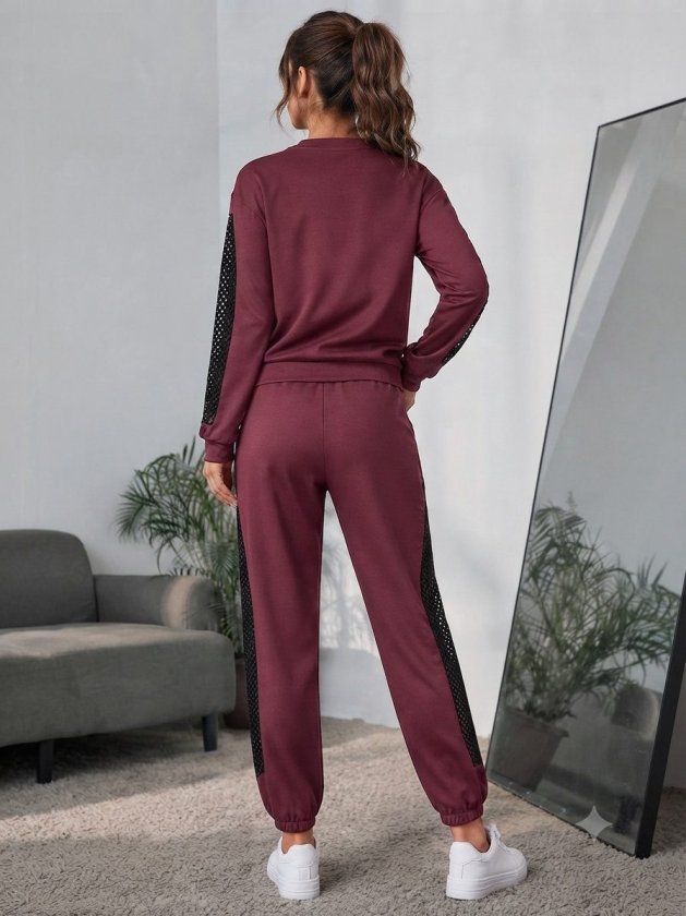 Compleu bluză cu mâneci lungi, guler barcă, detaliu tull și pantalon din viscoză dublă, 37521