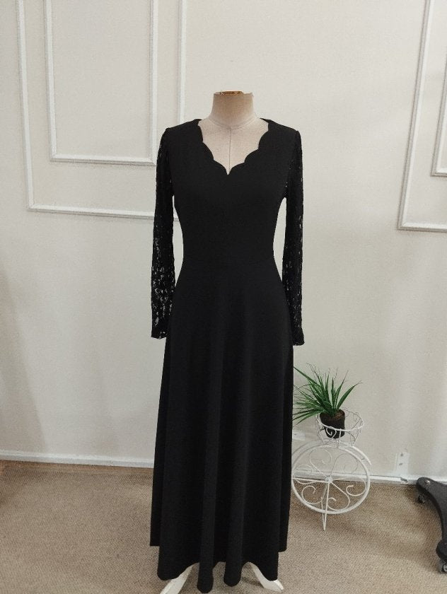 Rochie lungă din crap pentru femei cu mâneci lungi, gât V ondulat, detalii dantelă, 37530