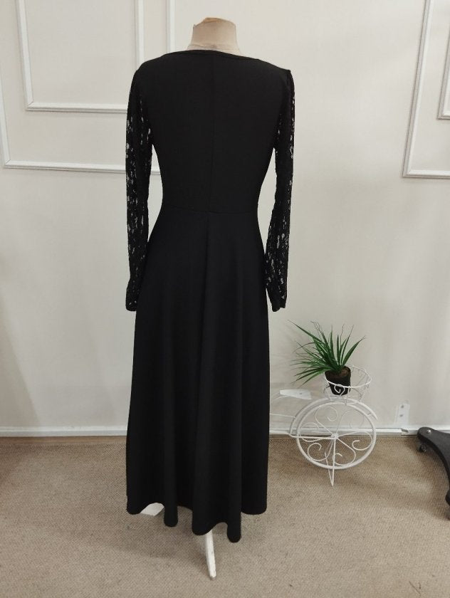 Rochie lungă din crap pentru femei cu mâneci lungi, gât V ondulat, detalii dantelă, 37530