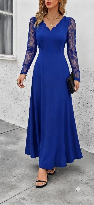 Rochie lungă din crap pentru femei cu mâneci lungi, gât V ondulat, detalii dantelă, 37532