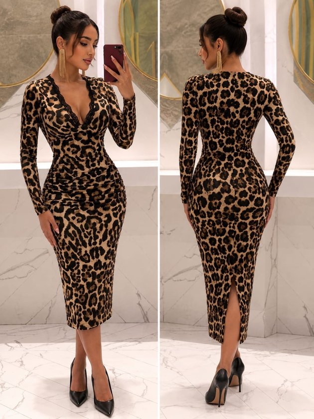 Rochie midi din bumbac pentru femei cu mâneci lungi, gât de dantelă, ciorapă pe spate, model, 37533