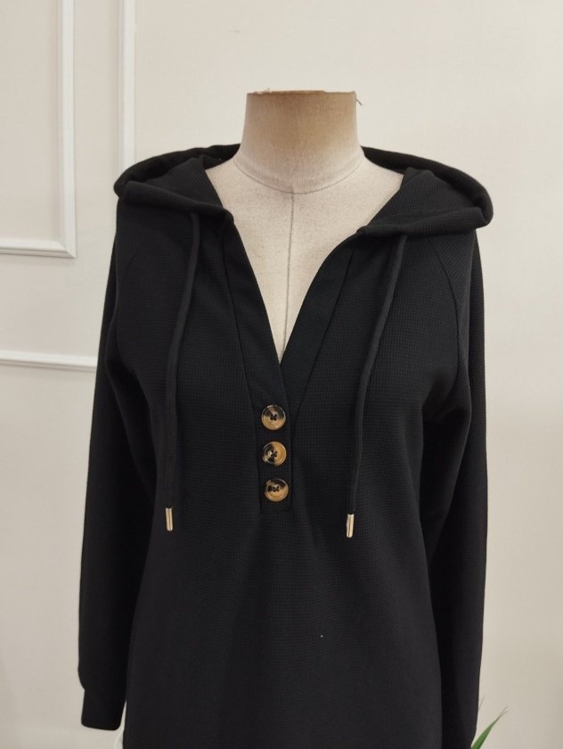 Rochie scurtă din waffle pentru femei cu mâneci lungi, glugă, nasturi, 37597