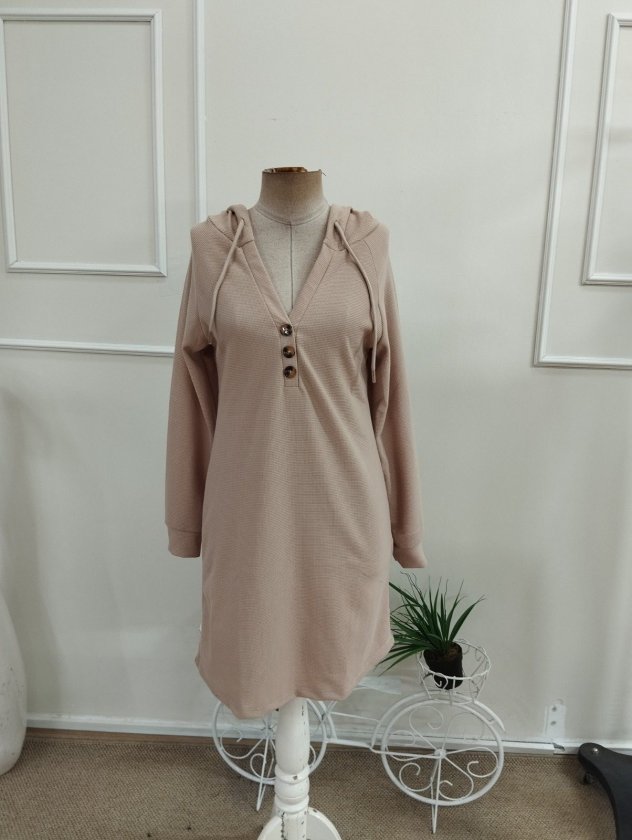 Rochie scurtă din waffle pentru femei cu mâneci lungi, glugă, nasturi, 37599