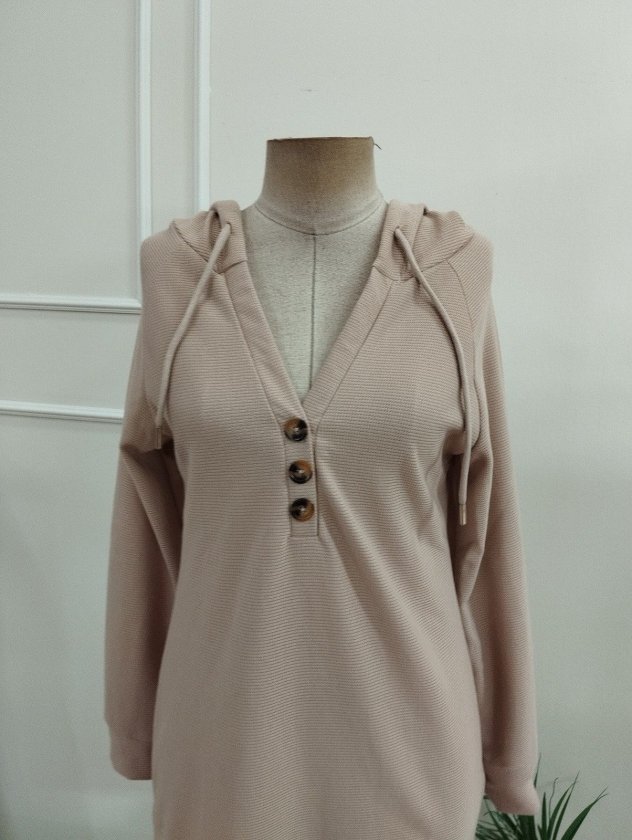 Rochie scurtă din waffle pentru femei cu mâneci lungi, glugă, nasturi, 37599