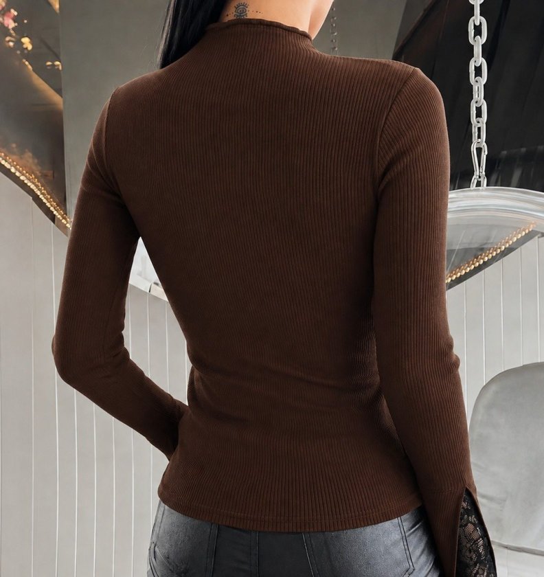 Bluza din corset pentru femei cu mâneci lungi, gât semi-pescăresc, detalii de dantelă pe mâneci, 37603