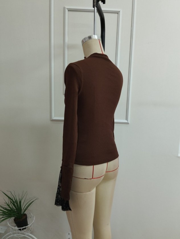 Bluza din corset pentru femei cu mâneci lungi, gât semi-pescăresc, detalii de dantelă pe mâneci, 37603