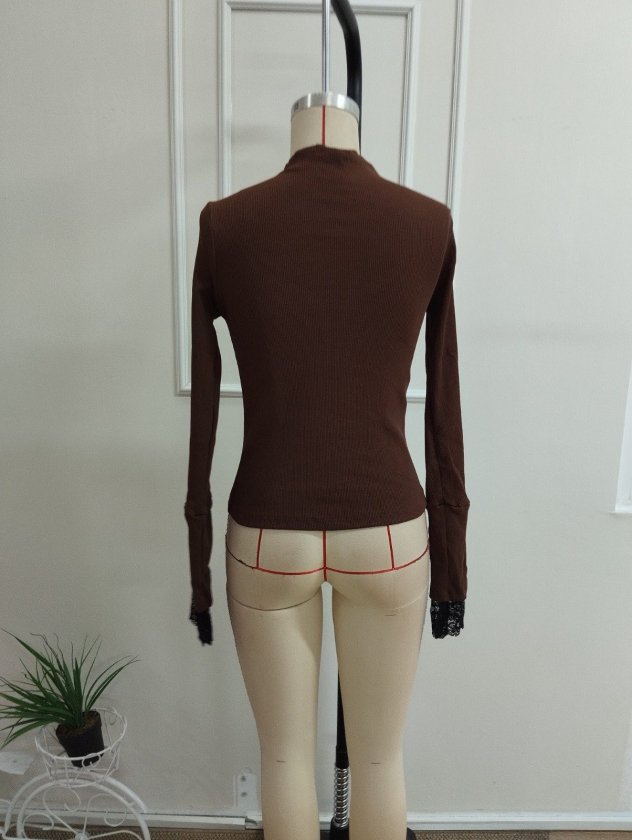Bluza din corset pentru femei cu mâneci lungi, gât semi-pescăresc, detalii de dantelă pe mâneci, 37603