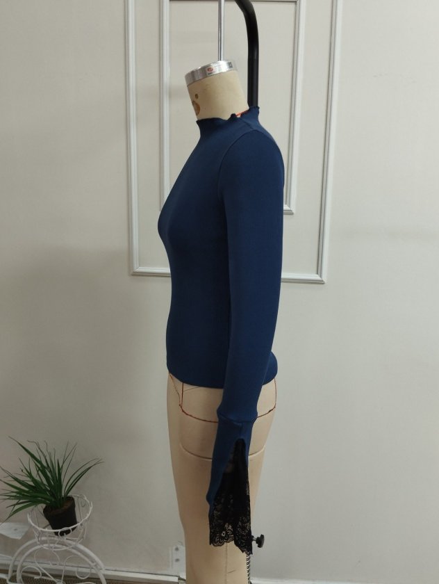 Bluza din corset pentru femei cu mâneci lungi, gât semi-pescăresc, detalii de dantelă pe mâneci, 37604