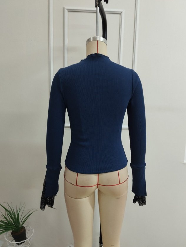 Bluza din corset pentru femei cu mâneci lungi, gât semi-pescăresc, detalii de dantelă pe mâneci, 37604