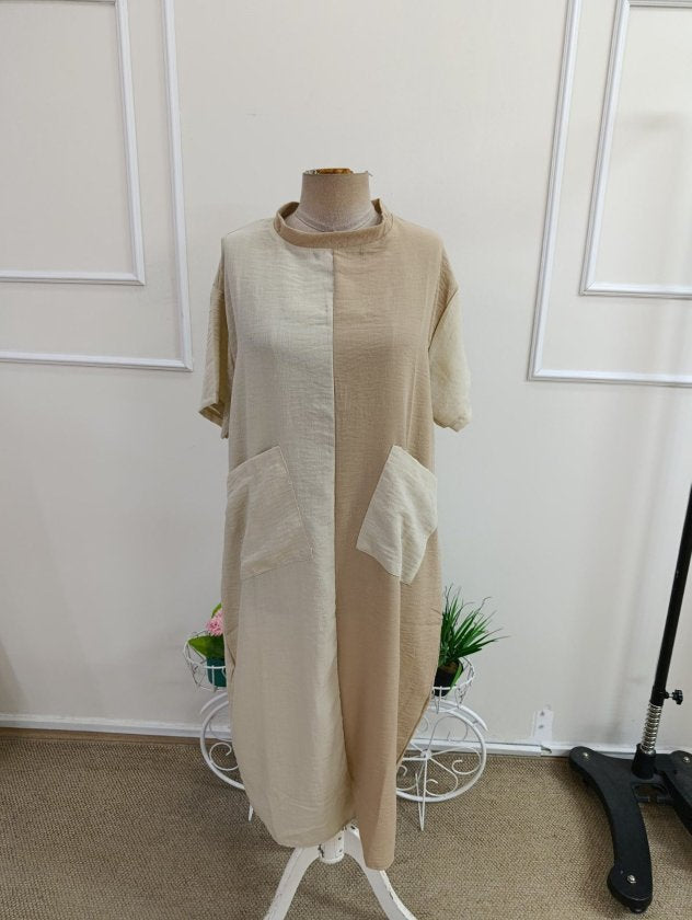 Rochie midi din bumbac pentru femei cu mâneci scurți, gât rotund, bicolor, cu buzunare, 37605