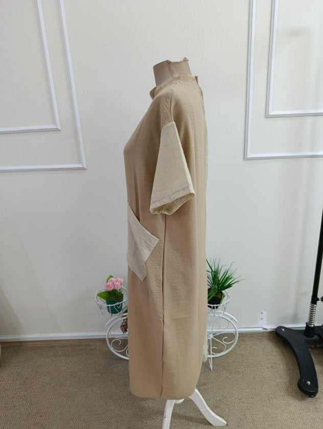 Rochie midi din bumbac pentru femei cu mâneci scurți, gât rotund, bicolor, cu buzunare, 37605