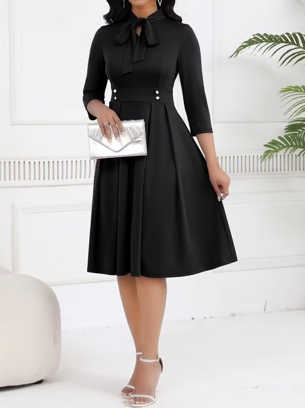 Rochie midi din crap importat pentru femei cu mâneci Tuvakar, legată din gât, cu nasturi, 37615
