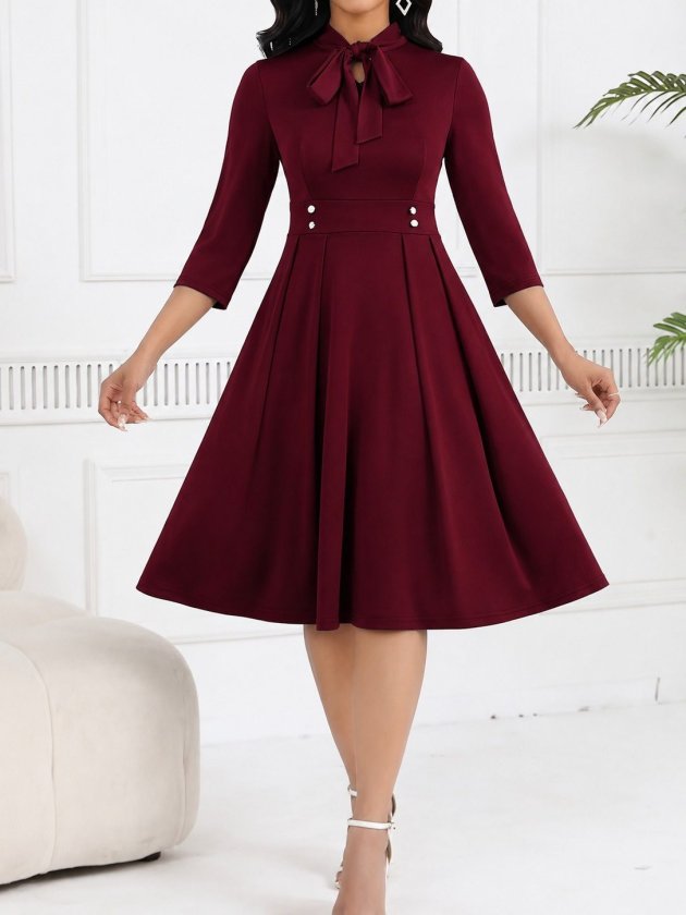 Rochie midi din crap importat pentru femei cu mâneci Tuvakar, legată din gât, cu nasturi, 37616