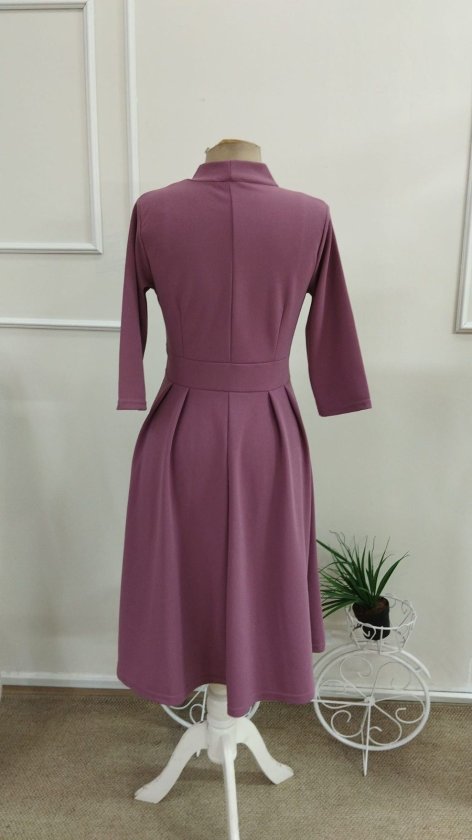 Rochie midi din crap importat pentru femei cu mâneci Tuvakar, legată din gât, cu nasturi, 37617