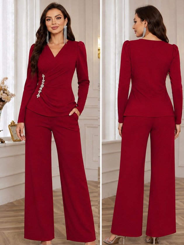 Ansamblu Dual Bluză și Pantaloni din Crepon Importat pentru Femei cu Mâneci Lungi, Guler Cruzat, Detalii Strasuri pe Latura, 37625