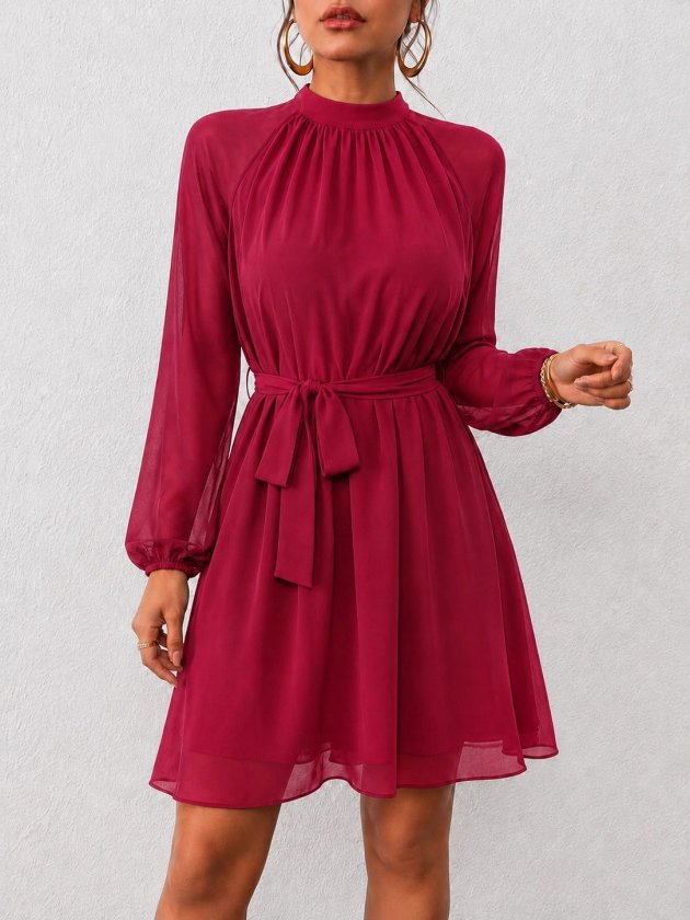 Rochie Scurtă din Șifon pentru Femei cu Mâneci Lungi, Guler Semi-Balenă, Detalii Culisă, Curea la Talie, 37628