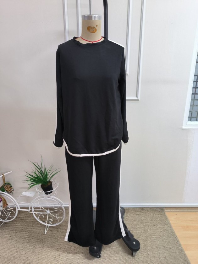Set de două piese: Bluză cu mâneci lungi cu gât rotund și detalii cu panglică din viscozã doi fir și pantaloni pentru femei, 37703