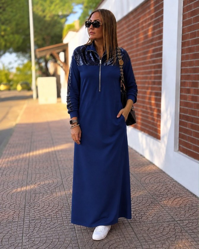 Rochie Femeie cu Mâneci Lungi, cu Fermoar, Detaliu Paiete, Lungă, Viscoză Dublu, 37712