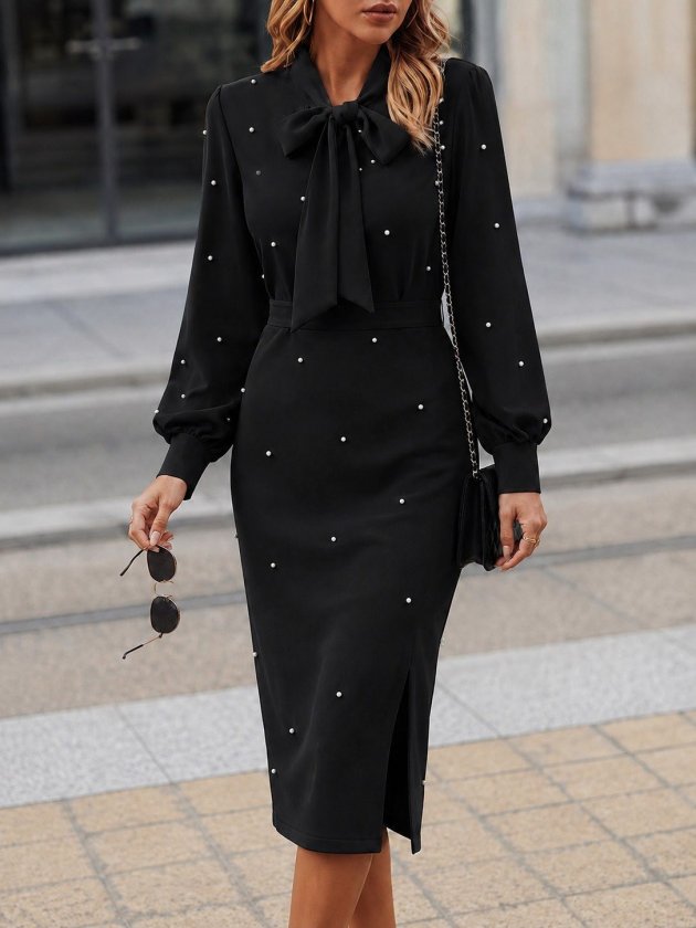 Rochie midi importată din crep, cu mâneci lungi, guler cu fundă, crăpătură laterală și perle, pentru femei, 37746