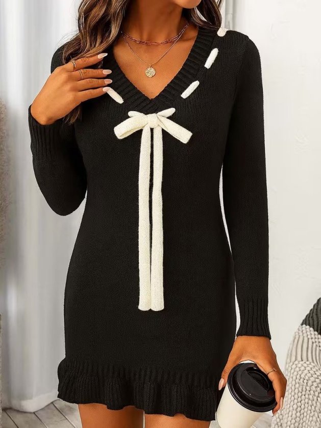 Rochie tricotată scurtă, de damă, cu mânecă lungă, decolteu în V și șiret la guler, 37913