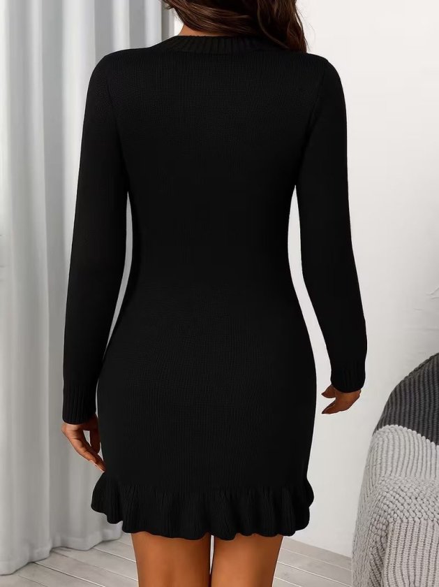 Rochie tricotată scurtă, de damă, cu mânecă lungă, decolteu în V și șiret la guler, 37913