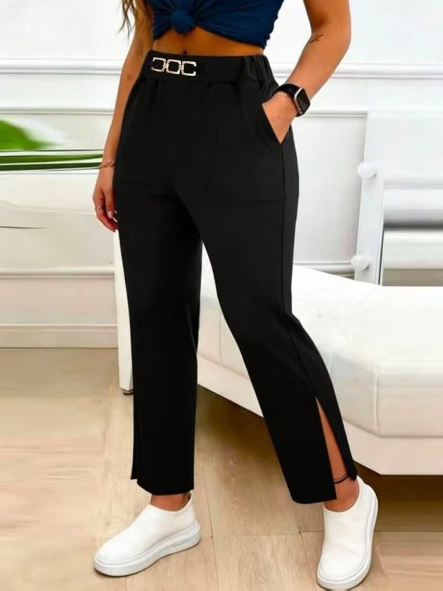 Pantaloni de damă cu talie înaltă, crep importat, cu cataramă și șliț, 37997
